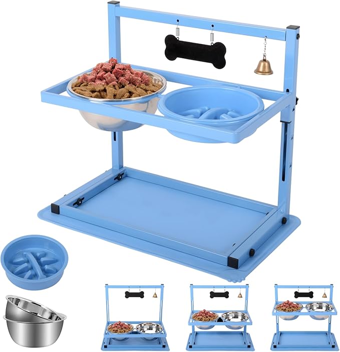SHAINFUN Blue Raised Dog Bowl Stand with Two 1700ml Stainless Steel Food Bowl, a Slow Feeder and Spill Proof Mat, Adjustable Elevated Dog Bowls for Large Medium and Small Breeds