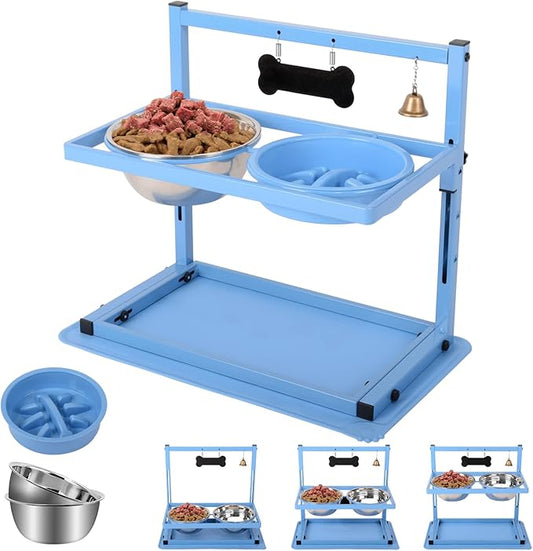 SHAINFUN Blue Raised Dog Bowl Stand with Two 1700ml Stainless Steel Food Bowl, a Slow Feeder and Spill Proof Mat, Adjustable Elevated Dog Bowls for Large Medium and Small Breeds