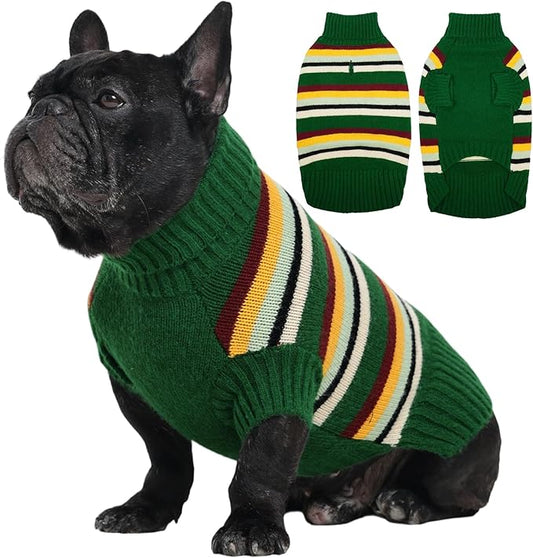 Kuoser Dog Sweater, Dog Sweaters for Small Dogs, Doggie Christmas Clothes, Turtleneck Striped Knitwear, Pet Winter Outfit for Frech Bulldog, Boston Terrier, Green M