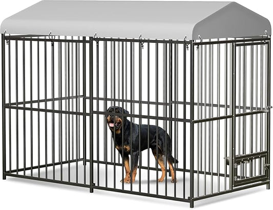 8x4x6 FT Outdoor Dog Kennel, Heavy-Duty Outdoor Enclosures with Lock, UV-Resistant Waterproof Roof Cover & Swivel Stainless Steel Feeding Bowl,for Medium & Large Dogs,Easy Assembly
