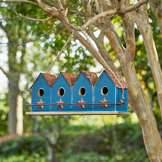 Glitzhome 17" L Retro Blue Distressed Solid Wood Birdhouse with Perch Garden Hanging Bird House for Outdoors