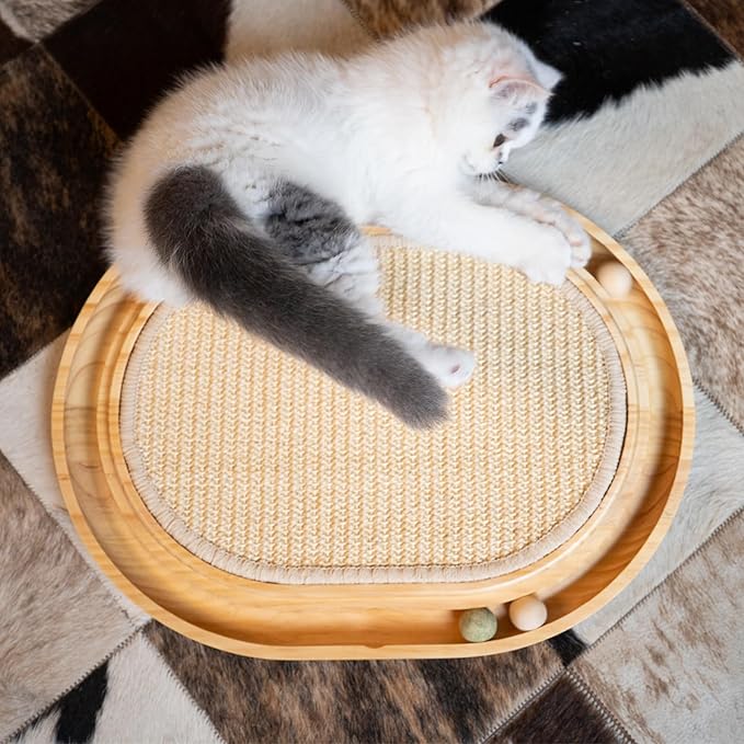 Sisal Cat Scratcher Toy with Ball Track Wooden Interactive Cat Toy for Indoor Cats Scratch Pad, Physical Exercise for Kitty and Medium Cat