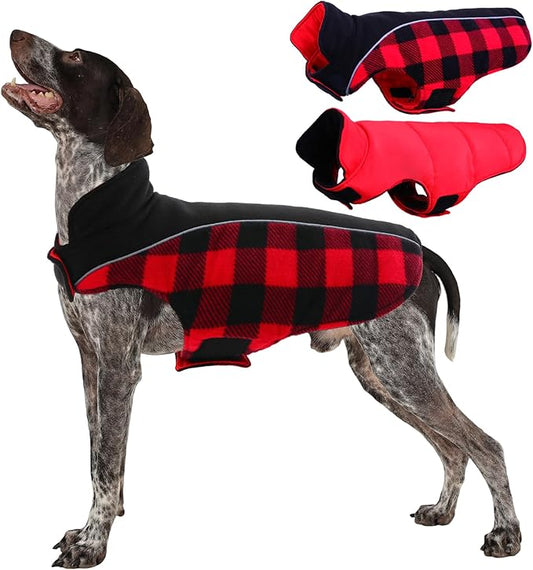 Kuoser Dog Winter Coat, Reversible Waterproof Dog Jacket with Reflective Strip, Warm Dogs Fleece Vest Adjustable Doggy Cold Weather Clothes Plaid Christmas Outfit Pet Apparel for Large Dogs, Red L