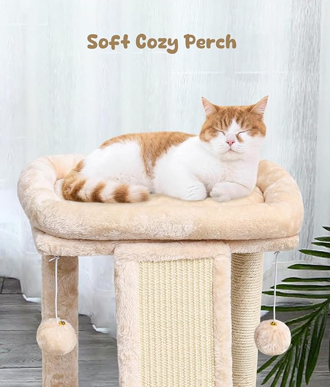 SYANDLVY Small Cat Tree with Scratching Post, Cat Scratching Board with Perch, Cat Post Scratcher for Indoor Cats, 2 Dangling Balls Great for Kittens (Beige)