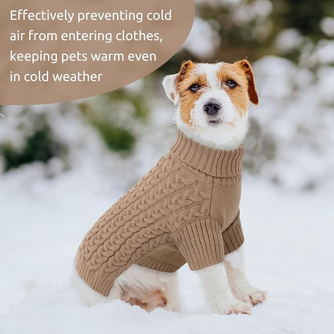 SAWMONG Dog Sweater, Dog Sweaters for Small Dogs Girls Boys, Pullover Turtleneck Knitted Doggy Sweatshirt, Cold Weather Pet Clothes（Khaki, X-Small
