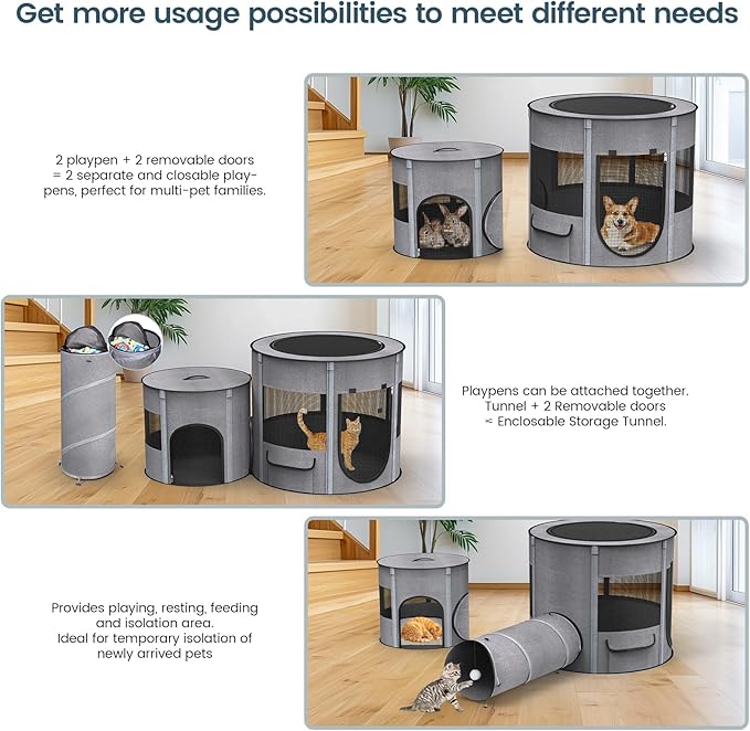 Portable Cat Playpen with Tunnel, 3 in 1 Foldable Puppy Play Pen, Waterproof Bottom, Enclosed 2-Room Separable Pet Tent for Indoor/Outdoor, Multi-Purpose Enclosure Crate Cage for Kitten Dog Rabbit