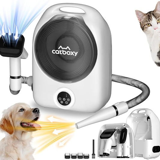 5-in-1 Dog Vacuum Grooming Kit, Low Noise Doggie Hair Blow Dryer, 2.5L Canister, Portable Pet Trimmers for Dogs, White