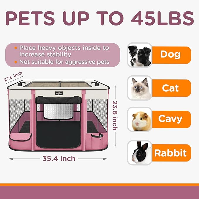 Foldable Pet Kitten Playpen, Upgrade Waterproof Portable Cat Dog Playpen Kennel Tent for Small Dog Cat, Retractable Shade Cover, Come with Free Carrying Case, Indoor Outdoor Use for Small Pet, Pink