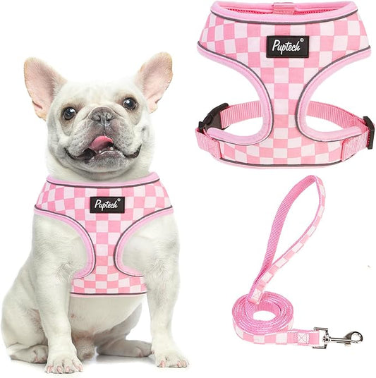 PUPTECK Soft Mesh Dog Harness and Leash Set Pet Puppy Cat Comfort Padded Vest No Pull Harnesses, Checkered Pink&White, M