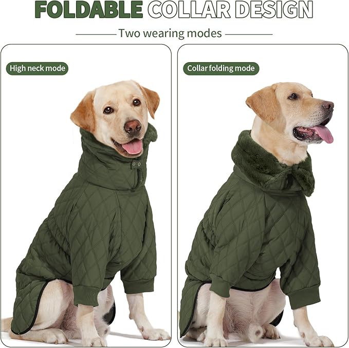 IDOMIK Dog Winter Coat for Large Dogs, Warm Dog Winter Jacket with Fleece High Collar, Zippered Cold Weather Coats for Dogs, Waterproof Doggy Snow Jacket Clothes,Green,XL