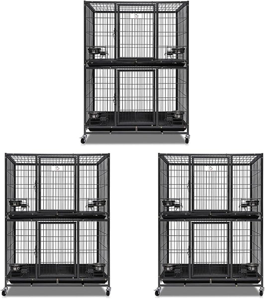 Homey Pet Two Tiers 37 Inch Dog Crate Cage Kennel with Feeding Door and Bowls, Lockable Wheels and Removable Tray, Escape Proof Metal Wire Heavy Duty Dog Crates for Medium/Small Sized Dogs (3 Pack)