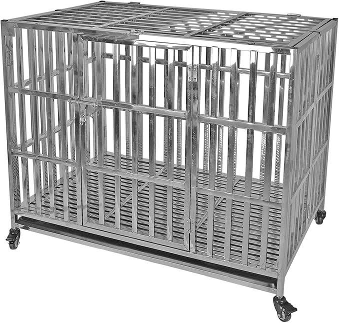 42" Stainless Steel Dog Crate Pet Kennel Foldable Dog Kennels Dog Cage Pet Playpen with Lockable Wheel, Tray for Medium and Large Dogs