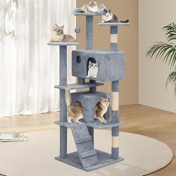 Athena Collection Modern Cat Tree Tower, 60 Inch Tall Cat Tree Climbing Tower with Scratching Post 2 Condo Multi-Level Activity Center and Playing Ball for Indoor Large Adult, Light Grey