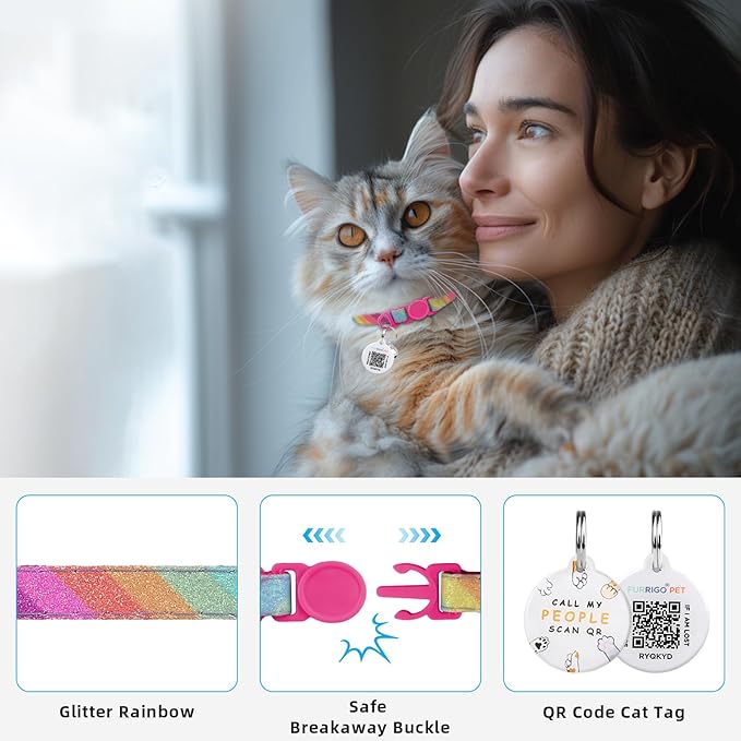 Cat Collar Breakaway with QR Code Name Tag, Glitter Kitten Collars with Bell, Cat Tags Personalized, Ultra-Durable, Comfortable, Quick Release, Fits Most Girl Boy Cats and Puppies (8"-13.5")
