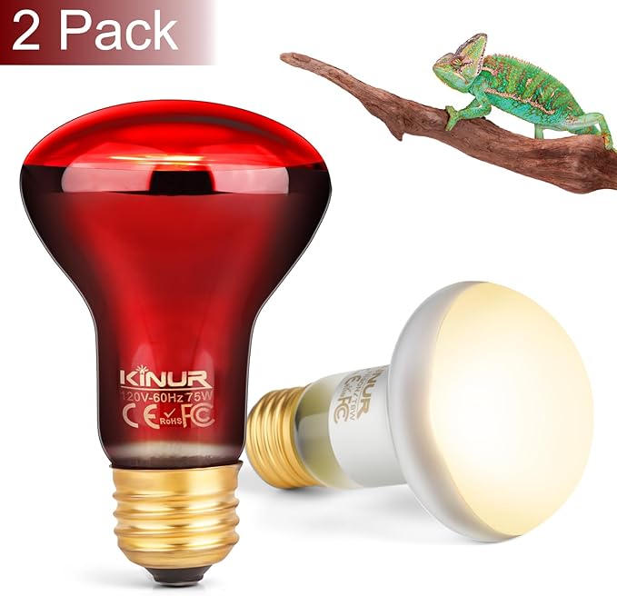KINUR 2 Pack 75W Reptile Heat Lamp Bulbs, Reptile Day and Night Basking Spot Bulb Combo Amphibian Infrared Heat Lamp Bulb/UVA Basking Spot Daylight Heating Light Bulb