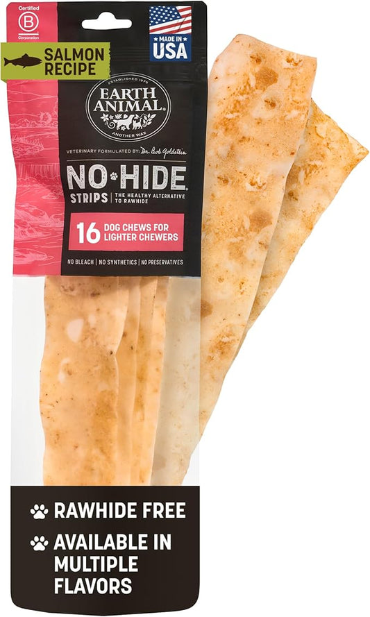 Earth Animal No Hide Strips Salmon Flavored Natural Treats | No Rawhide | Quick & Thin Dog Chews - 16 Count