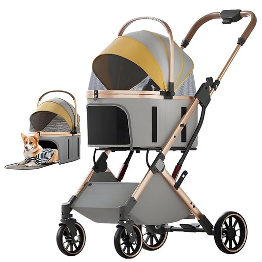 Dog Stroller with 4 Wheels, Folding Pet Stroller for Small, Medium Dogs and Cats up to 50lbs, Detachable Carrier, Storage Basket, Car Seat 3 in 1 Multifunctional (Grey)