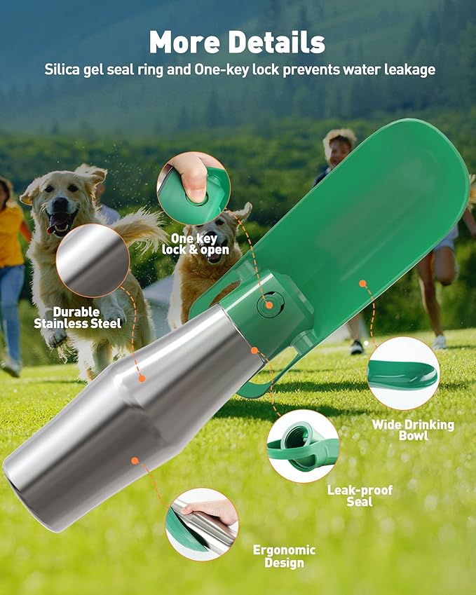 Portable Dog Water Bottle Bowl - 27 oz Travel Water Bowl Dispenser for Dogs, Stainless Steel Leak-Proof, A Must-Have for Outdoor, Camping, Walking, Beach, Hunting and Other Scenes （Green）