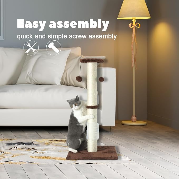 PEEKAB 32" Tall Cat Scratching Post Sisal Rope Scratch Posts with Hanging Ball and Self-Massage Brush Vertical Scratcher for Indoor Cats and Kittens Brown 32inches