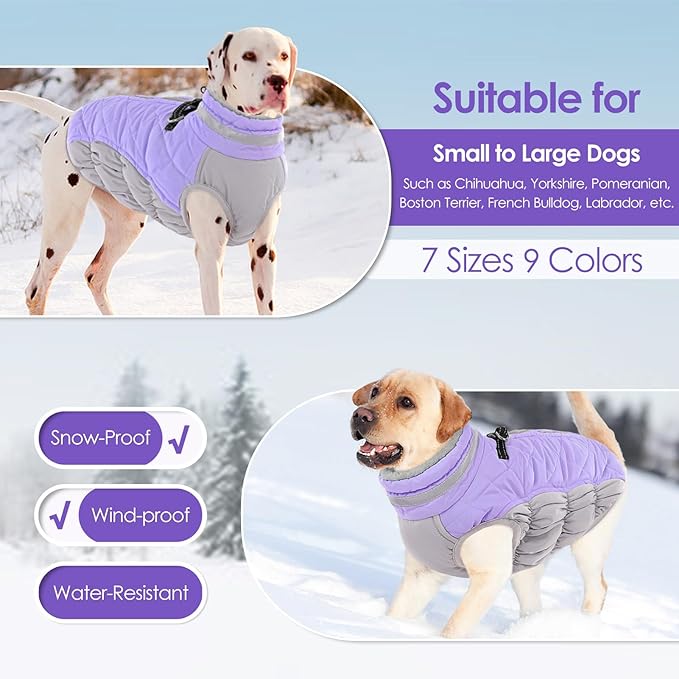 AOFITEE Dog Coat, Warm Dog Winter Coat, Reflective Turtleneck Large Dogs Jacket with Harness Built in, Turtleneck Pet Winter Jacket, Waterproof Pet Snow Jackets Fleece Vest, Lilac XL