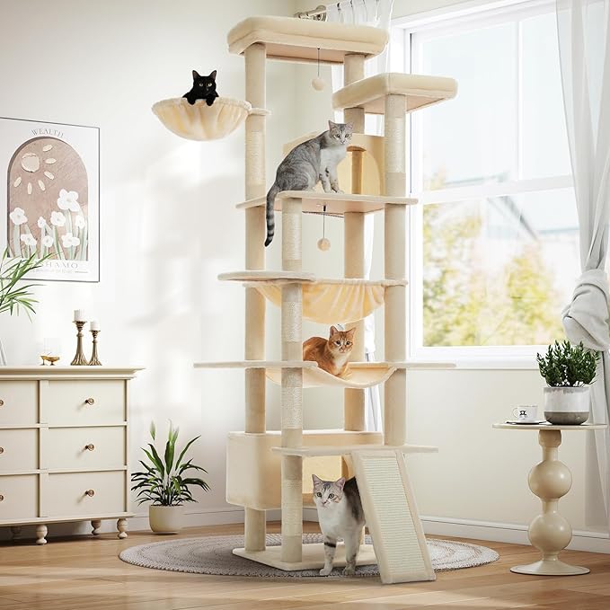 Large Cat Tree for Big Cats & Multi-Cat Homes, 81 Inch Tall Cat Tower with Sturdy Metal Hammock, 6 Sisal Scratching Posts, 2 Cozy Condos, 2 Top Perches - Multi-Level Cat Tower, Beige