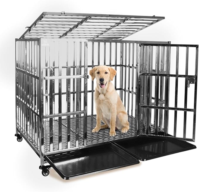 42 INCH Heavy Duty Dog Cage Stainless Steel Pet Crate Kennel with Lockable Wheels & Removable Trays for Medium and Large Dogs (Stackable)