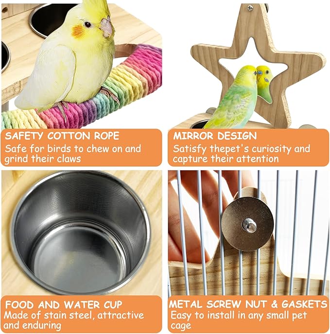 Tfwadmx Bird Parrot Wooden Feeding Cups Small Bird Feeding Dish Cups Stainless Steel Birds Bowls Food Water Bowls with Food Holder for Cockatiel Lovebirds Parakeet Finches