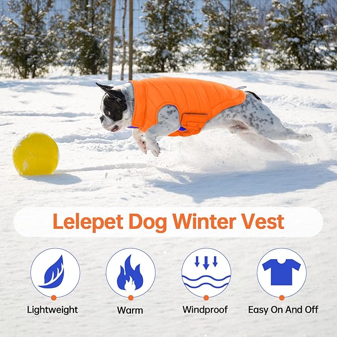 Lelepet Reversible Dog Jacket Warm Dog Winter Coat Padded Puffer Vest Windproof Lightweight Cold Weather Coat Doggy Sonwsuit with Hook & Loop, Non-Shedding, Coats for Medium Dogs, Pug, Orange, M