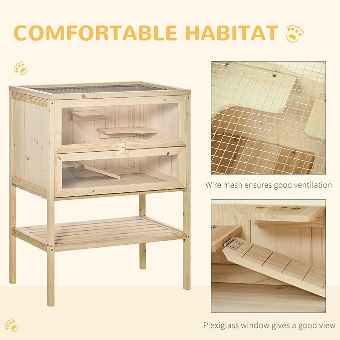 PawHut 3-Tier Wooden Hamster Cage Mice and Rat Cage Small Animals Hutch with Openable Top, Front Door, Storage Shelf, Natural Wood