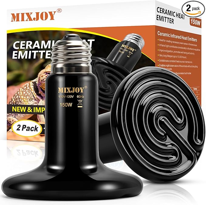 MIXJOY 150W Reptile Heat Lamp 2Pack Ceramic Heat Emitters Reptile Heat Lamp Bulbs, No Light Emitting Ceramic Heat Bulbs for Amphibian Terrarium Reptile Gecko Lizard Bearded Dragon Turtle Chicken Snake