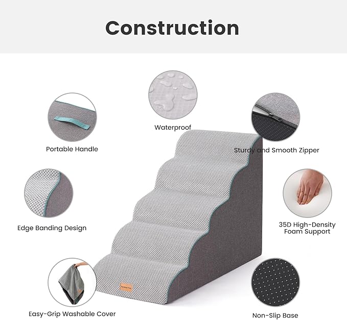 Gardner Pet Dog Stairs for Small Dogs 22.8" H, Curved 5-Step Pet Stairs, Dog Steps for High Bed, Couch (24-30 in) with Durable Non-Slip Waterproof Fabric Cover and CertiPUR-US Certified Foam