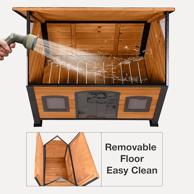 Outdoor Dog House Weatherproof Dog Kennel with Anti-Chewing Iron Frame Puppy Shelter for for Small to Large Sized Dogs