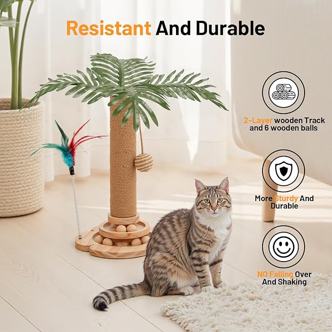 Palm Tree Cat Scratching Post Sisal Cat Scratch Pole with Hanging Ball,Wooden 2 Level Track,Interactive Toy for Indoor Small Kitten