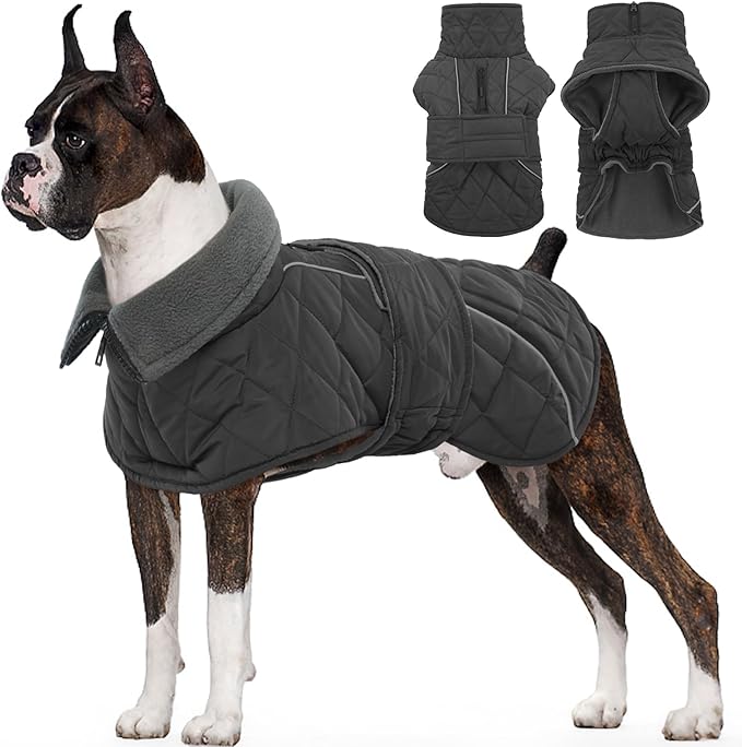 Kuoser Extra Warm Dog Jacket, Windproof & Reflective Dog Coat with Fleece Lining, Pet Christmas Coat Turtleneck Jacket for Large Dogs, Quilted Thermal Puppy Winter Clothes, Dark Grey XL