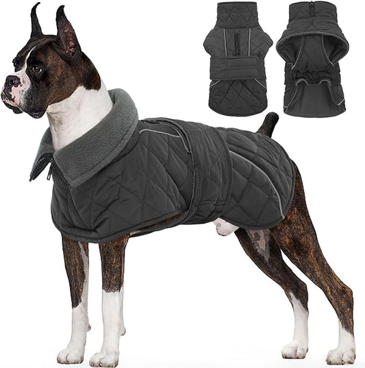 Kuoser Extra Warm Dog Jacket, Windproof & Reflective Dog Coat with Fleece Lining, Pet Christmas Coat Turtleneck Jacket for Large Dogs, Quilted Thermal Puppy Winter Clothes, Dark Grey XL