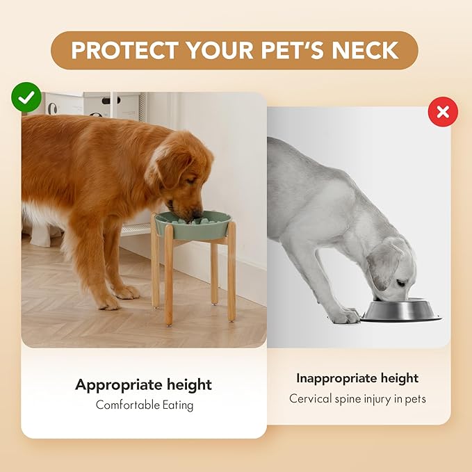 9.5inch Ceramic Dog Raised Slow Feeder Set, Elevated Bowl with Wooden Stand for Large Dog, Slow Feeder Dish for Fast Easters, Stop Bloat(Light Green, Single Bowl+ Stand)