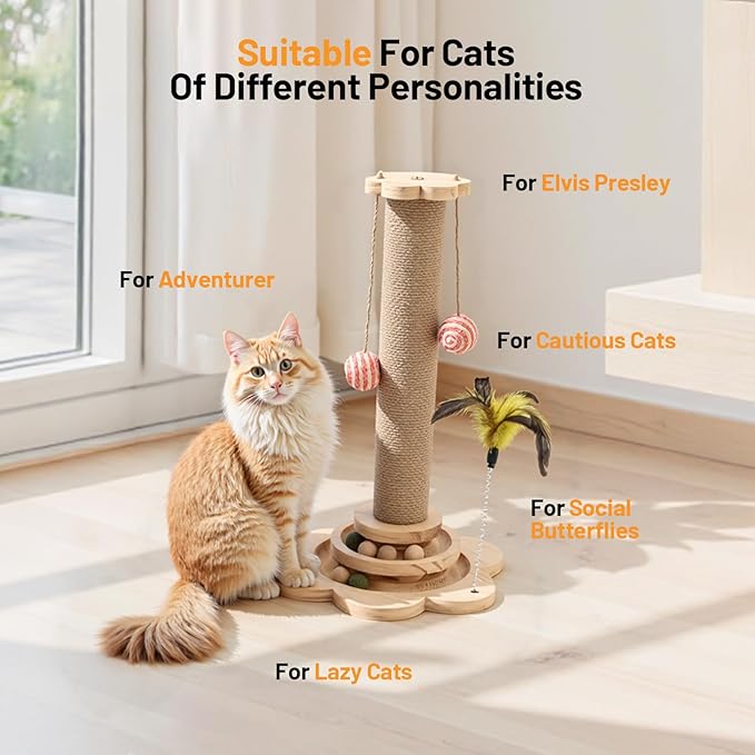 Kitten Small Cat Scratching Post Sisal Scratch Post for Indoor Cat with Hanging Ball,Solid Wooden 2 Level Track,Interactive Cat Toy