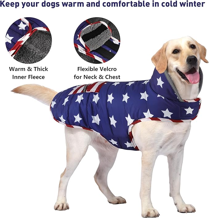 Dog Coat, Waterproof Dog Winter Jacket with Pocket, Reflective Adjustable Pet Snow Vest, Warm Cozy Fleece Sweater for Small Medium Extra Large Dogs - American Flag, 2XL