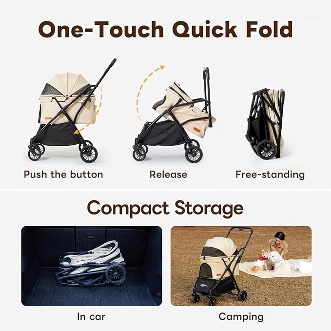 【One-Pull Open Ver.】 PETTENA Dog Stroller for 2 Dogs, One-Touch Foldable Dog Stroller for Small/Medium Dogs Cats up to 44 Lbs, Khaki