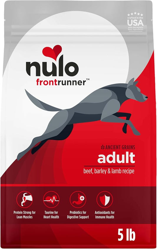 Nulo Frontrunner Ancient Grains High-Protein Dog Food, Beef, Barley, & Lamb Recipe- Natural Dry Dog Food with Probiotics, Grain-Inclusive Kibble for Adult Dogs, 5 lb Bag