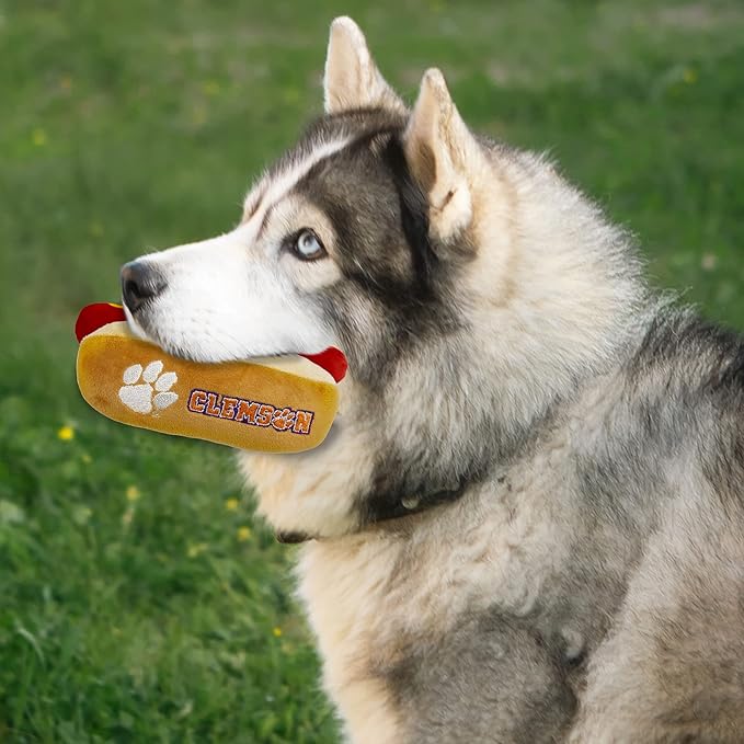 NCAA Clemson Tigers HOT Dog Plush Dog & CAT Squeak Toy- Cutest HOT-Dog Snack Plush Toy for Dogs & Cats with Inner Squeaker & Beautiful Football/Basketball Team Name/Logo