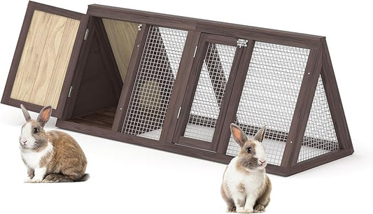 Rabbit Hutch, Small Chicken Coop Outdoor A-Frame Quail Cage with 2 Door & Run Cage Wooden Triangle Quail Hutch with Ventilating Wire Poultry Hutch for Small Animal (Brown)