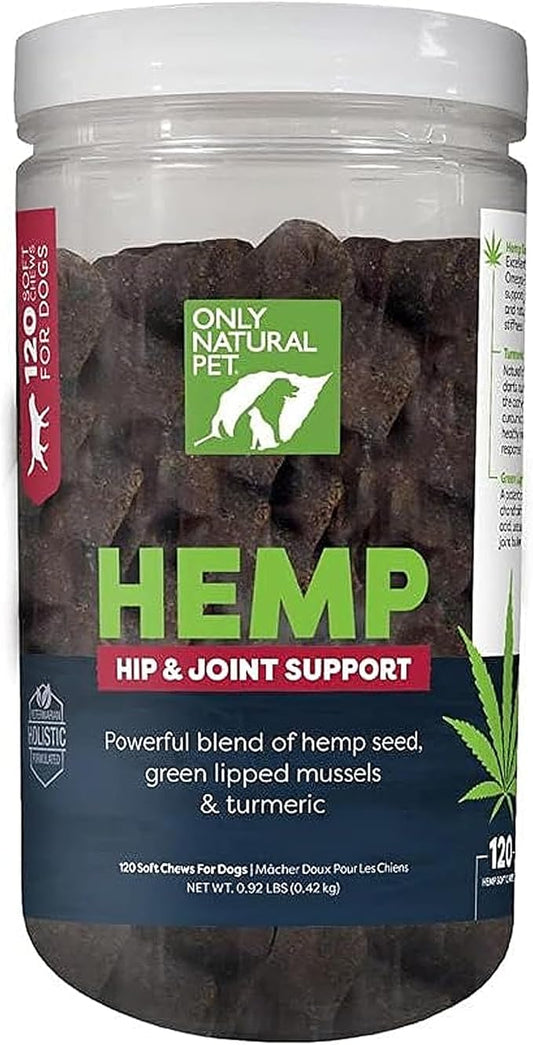 Only Natural Pet Hemp Hip & Joint Support for Dogs - Supplement for Mobility Wellness Pain Relief Healthy Inflammatory & Bone Stiffness - Chews w/Fatty Acid Blend Mussels & Turmeric - 120 Count (H/J)