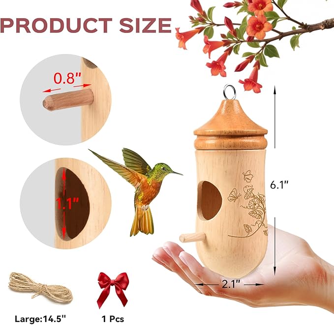 Hummingbird House, Solid Wood Hummingbird Houses for Outside-Exquisitely Handcrafted Birdhouse with Bow and Jute String Hanging Kit, Durable Garden Decor, Perfect Gardening Gift (Style-A, 1 Pack)