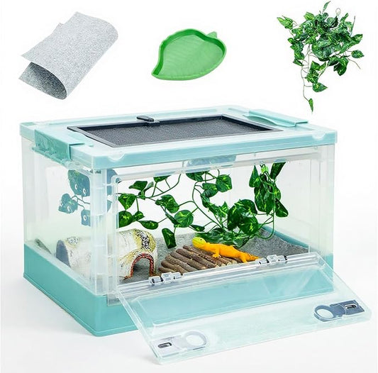 16" Foldable Reptile Terrariums Snake Tanks Enclosures for Bearded Dragons Iguanas Lizards Crested Geckos Clear Views Portability High-Temperature Resistant Iron Mesh (Blue, Small)