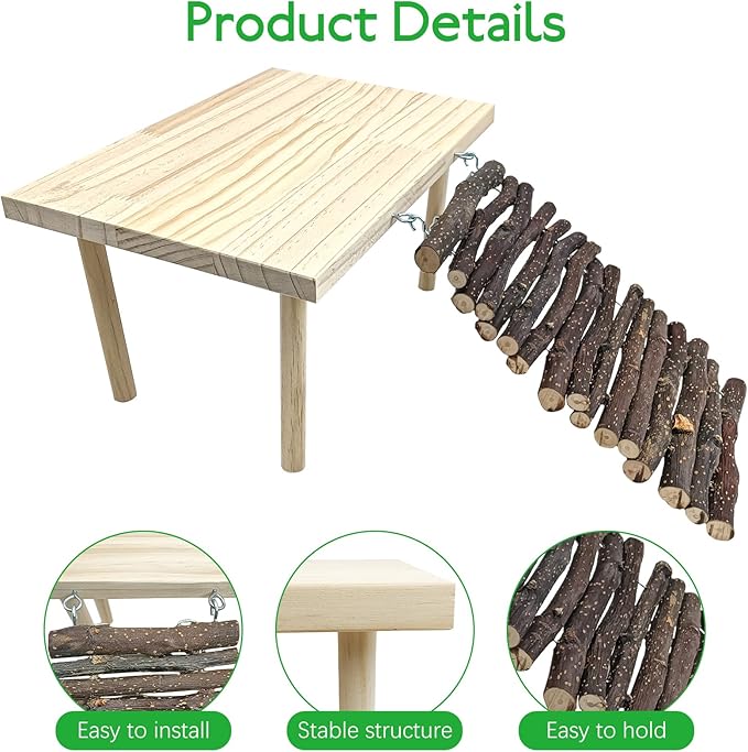 BNOSDM Wooden Basking Platform with Climbing Ramp Reptiles Hideout Bearded Dragon Hide Cave Reptile Tank Accessories Suit for Tortoise, Lizard, Toad, Gecko (Rectangle)