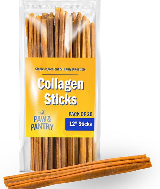 Paw & Pantry 12" Beef Collagen Sticks for Dogs - Rawhide Alternative Dog Bones - High Protein Collagen for Dogs - Glucosamine, Chondroitin, Promotes Dental & Joint Health - 20pk