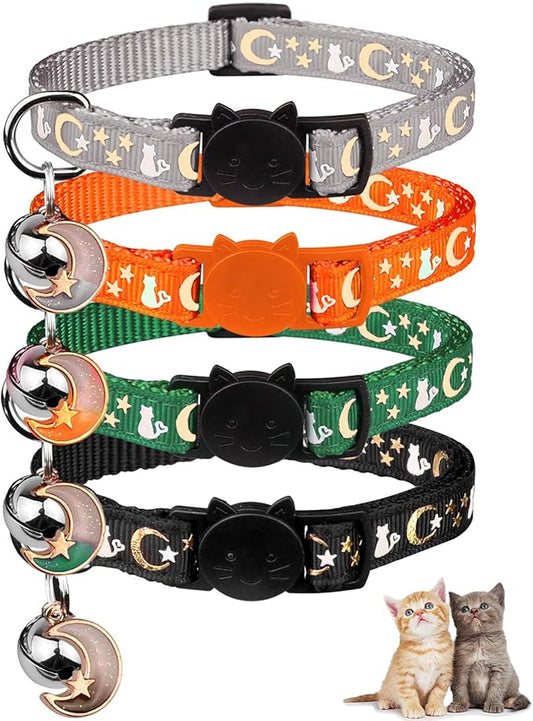 4PCS Cat Collar with Bells,Breakaway Cat Collars,Kitten Collar with Bell Moons Stars Cute Kitty Safe Kitten Collars with Pendant,Cat Collars for Boy Cats 6.9-10.7 Inch(Black&Grey&Deep Green&Orange)