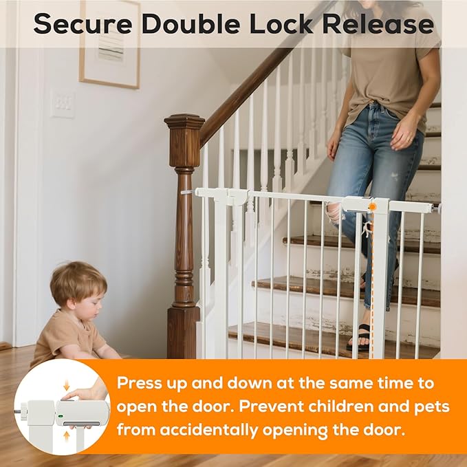 29.5-54.2" Baby Gate for Stairs, Pressure Mounted Dog Gate Indoor, Auto Close Pet Gate for Doorways No Drilling, Easy Install Baby Essentials with Large Walk Thru Door, White