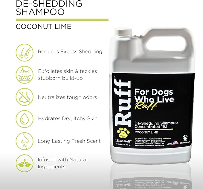 Ruff by Lillian Ruff 15:1 Concentrated Deshedding Dog Shampoo – Extra-Strength Shedding & Odor Control – Aloe, Coconut Oil & Vitamin E – Puppy Safe, USA Made - Coconut Lime – Gallon Pump